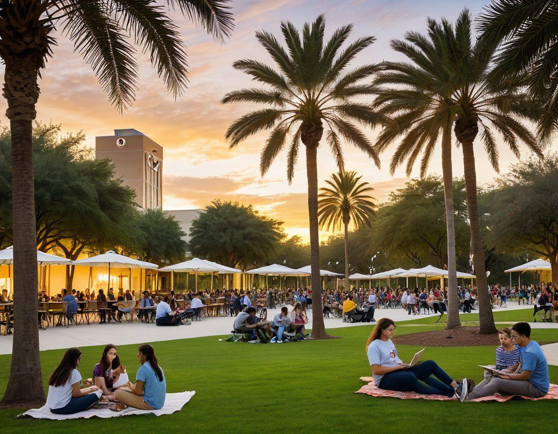 A vibrant campus scene showcasing diverse students engaging in various college activities - studying under a palm tree, participating in a lively outdoor event, and enjoying a conversation on a scenic walkway. The UCF logo subtly integrated in the background with a bright sunset casting golden hues. Energetic atmosphere filled with enthusiasm and friendships. super-realistic. vibrant colors. 3D.