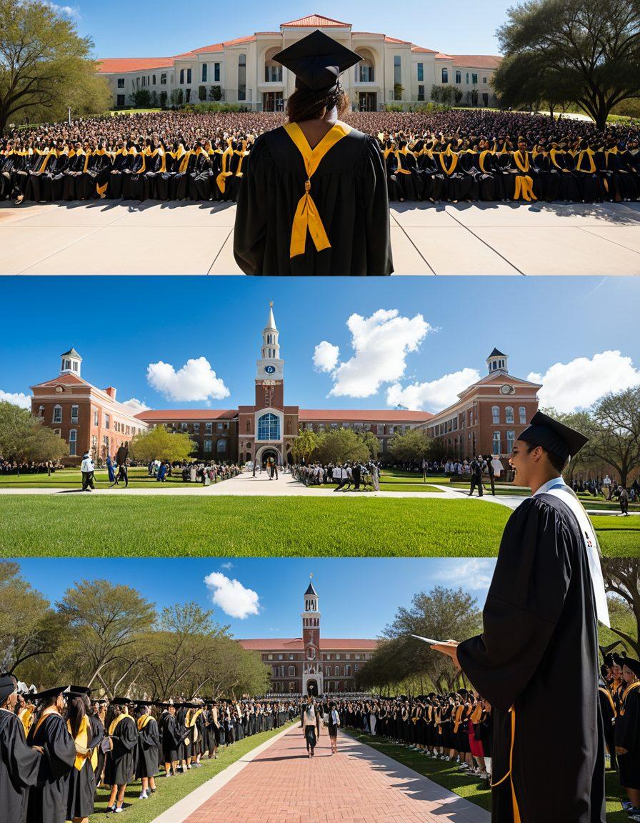 A split image portraying a vibrant journey from freshman to graduate at UCF, showcasing a diverse group of students navigating campus life; one side features a bustling freshman orientation with welcoming signs and excitement, while the other showcases a proud graduate in cap and gown on graduation day, amidst a backdrop of iconic UCF landmarks. Elements of growth, opportunity, and challenges like books, gadgets, and campus events illustrated in a dynamic flow. super-realistic. vibrant colors.