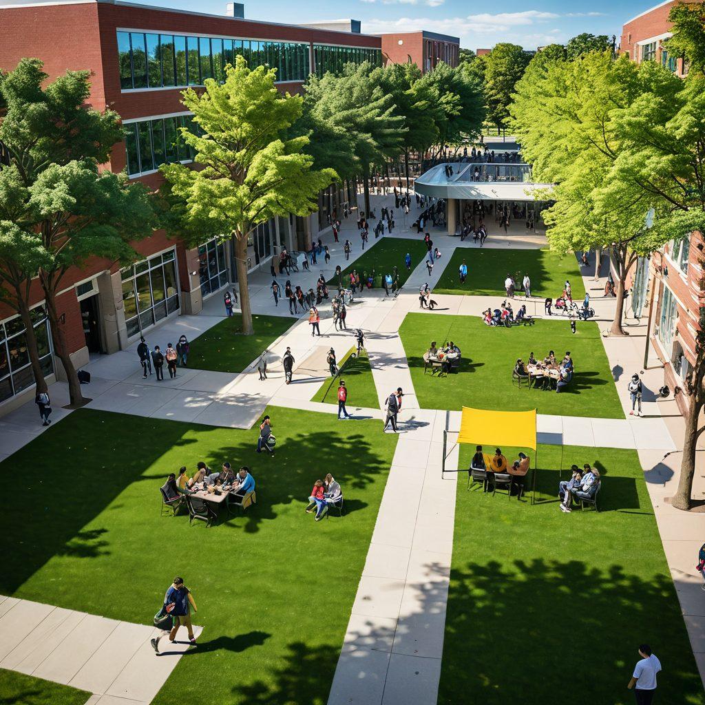 A vibrant, dynamic campus scene showcasing diverse students engaged in various activities like clubs, sports, and study groups. Include banners promoting campus resources and supportive faculty members interacting with students. The background should feature iconic campus architecture with trees and a sunny sky, evoking a sense of community and empowerment. super-realistic. vibrant colors. 3D.